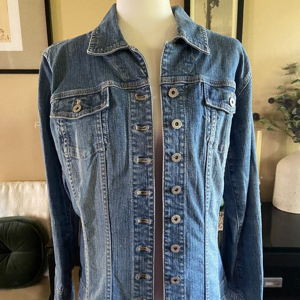 Chico's Platinum Military Denim Jean Jacket Size 2